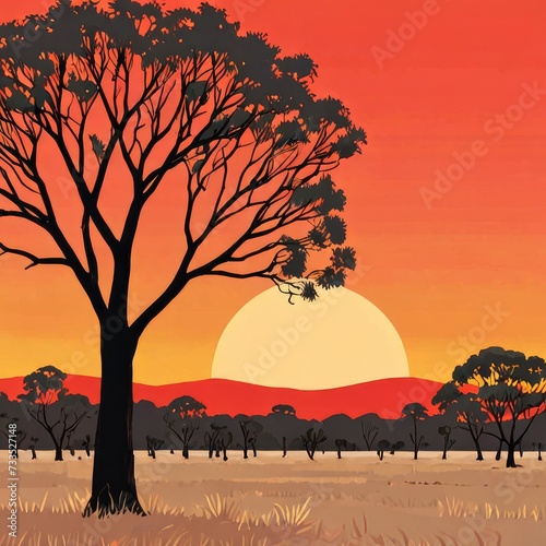 Outback Australia sunset landscape down under, red sandy desert landscape of the australian outback gum with trees, Generative AI 