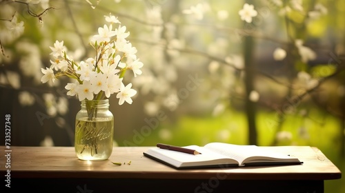 White spring blossoms in a glass jar with a book and pen on a sun-drenched wooden table