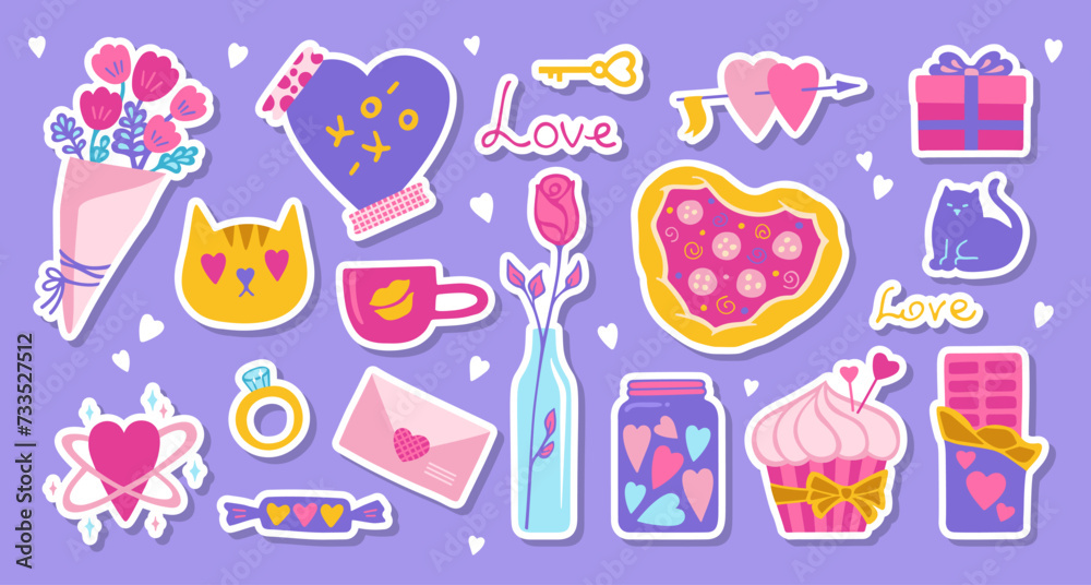 Obraz premium Valentines Day stickers set with gift and other romantic elements. Cartoon wedding and valentine love concept. Including flower bouquet, rose cupcake, pizza, candy mail. Cute love vector illustration