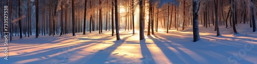 Snow-covered forest panorama at sunset, with trees casting long shadows in the snow