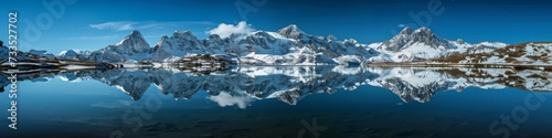 Mountain lake panorama, capturing the reflection of snow-covered peaks in clear waters