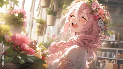 花屋で楽しく笑う少女