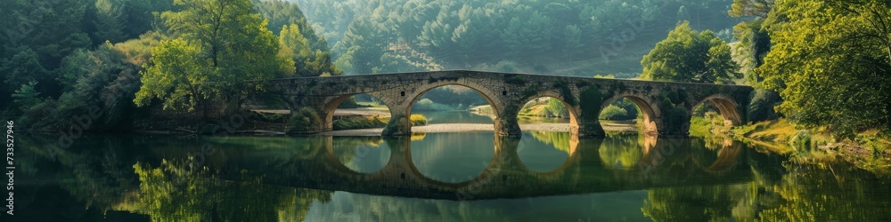 Panoramic view of a historic bridge spanning a tranquil river,  surrounded by nature