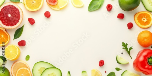 Fruits and vegetables with central white space for text.