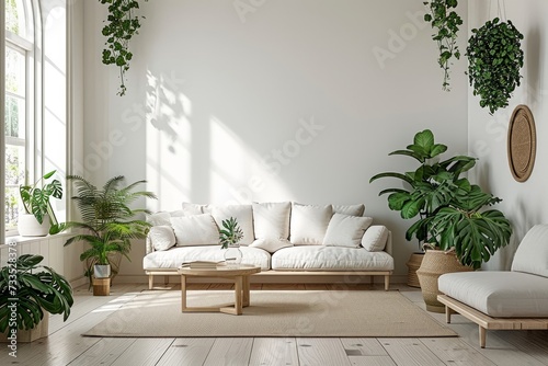 Empty white walled living room with couch, plants, and table. Generative AI  © Image Spectrum