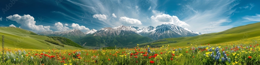 Mountain panorama in spring,  with blossoming wildflowers and green meadows
