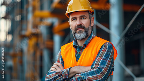 Bearded man wearing helmet and safety vest in work environment. Labor day and trades concept.