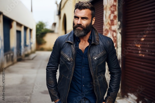 Portrait of a handsome bearded man wearing a leather jacket. Men's beauty, fashion.