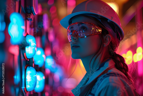 Working woman with clothing and safety elements, in a work environment with space for text. Concept of working women's day