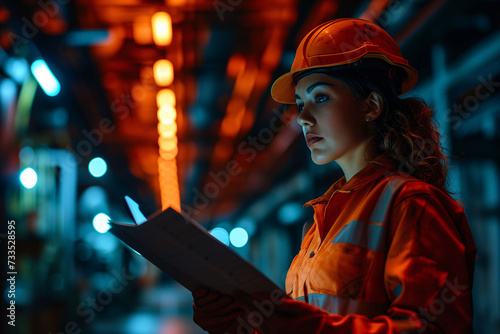 Working woman in work clothes in industrial environment. Concept of women's day, equality...