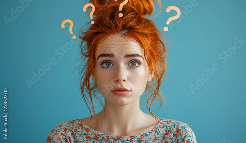 Young red head woman expressing doubt on her face, with question symbols around her head. Image for advertising, web or commercial. photo