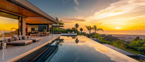 Elegant hilltop house with infinity pool offering stunning sunset views over a serene coastal landscape. © jonathon