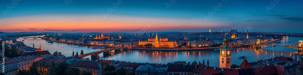 Historic city panorama at twilight,  with illuminated landmarks against a deep blue sky