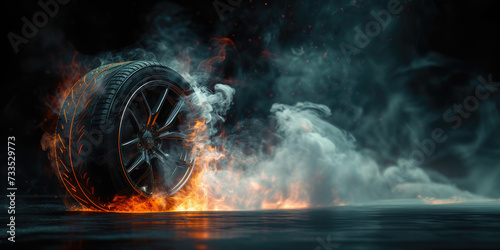 Burnout tire flames and smoke, drifting wheels concept art, highs speed wheel on fire photo