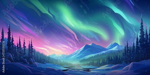 Northern lights in night starry sky against background of mountains