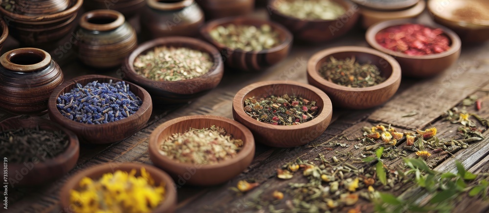 Chinese herbal remedies including a blend of tea and medicinal herbs.