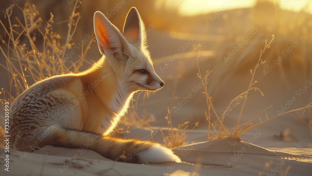 Fototapeta premium Desert Whisper: A Fennec Fox’s Journey Across the Sands