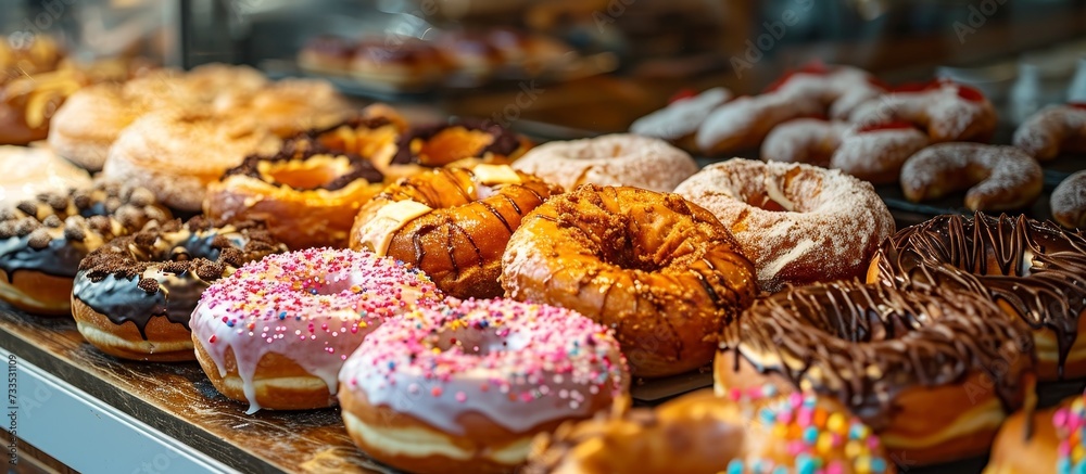 Fresh bakery products including donuts and a variety of other baked goods in a close-up shot at a bakery shop.