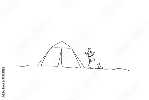 young woman pilates health nature camping tent dog together activity lifestyle one line art design