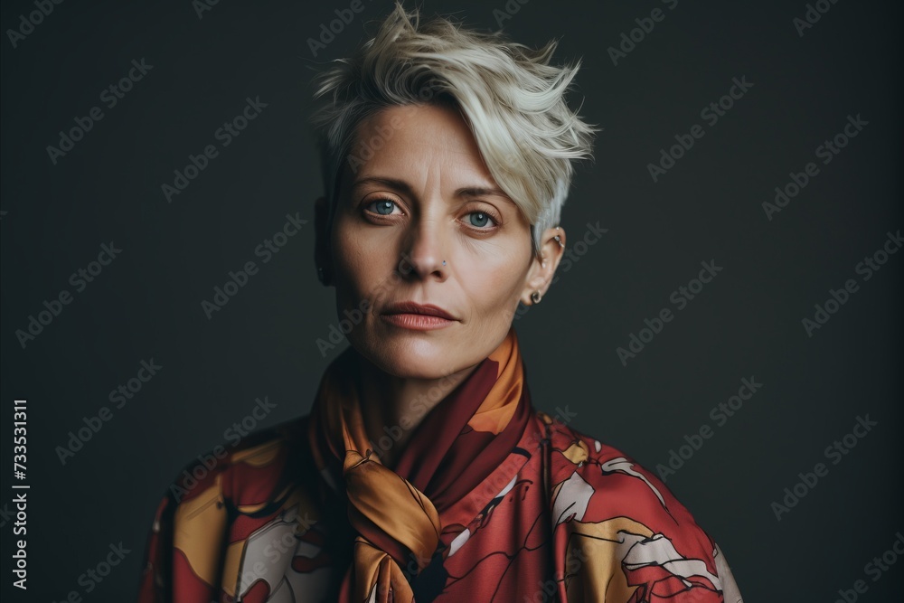 Portrait of a beautiful mature woman with short blond hair and a red scarf. Portrait of a beautiful mature woman with short blond hair and a red scarf.