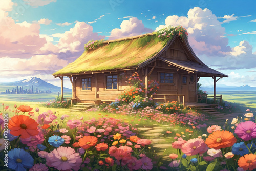 An old hut surrounded by a field of flowers. In anime style