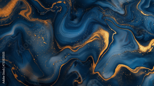 Golden swirls in dark blue abstract liquid art composition