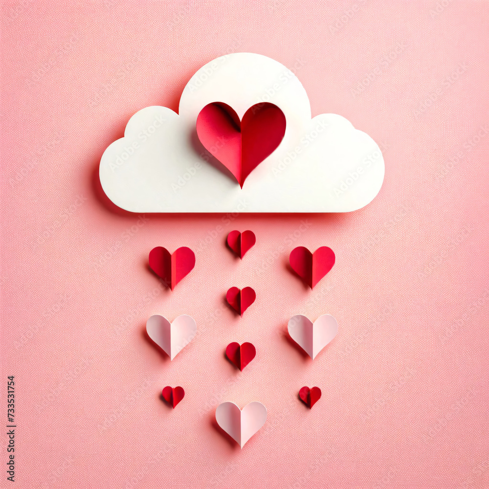 White Cloud with Paper Hearts Rain on Pink