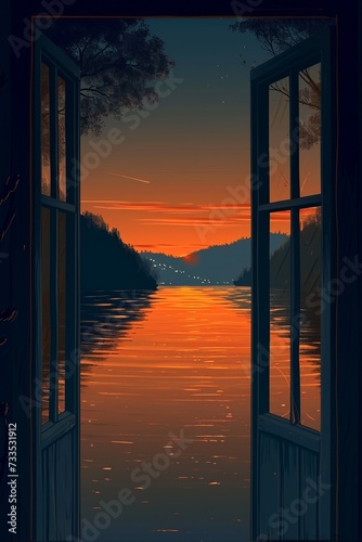 Evening Glow at Dusk - The Radiant Beauty of a Sunset from the Window, Vibrant Colors of Nature's Scenery, A Serene and Breathtaking Landscape © Elzerl