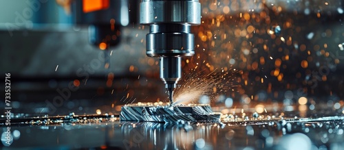 Advanced Metalworking CNC milling machine employing modern processing technology to cut metal, providing authentic shots in challenging conditions with some grain and potential blurriness due to a