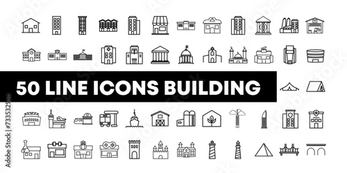 Set of line icons, type of building. House, hotel, restaurant, bank, stadium, gym, apartment, school, building. Vector illustration