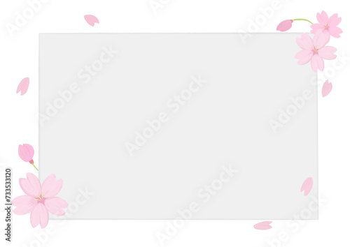 桜の花びらが舞うフレーム、アナログ手描き風味、コピースペース有り、メッセージカード、横