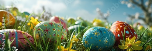 Easter banner with bright decorated eggs and flowers