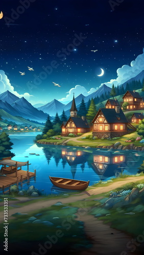 landscape of beautiful village with lake, mountains and wooden boat