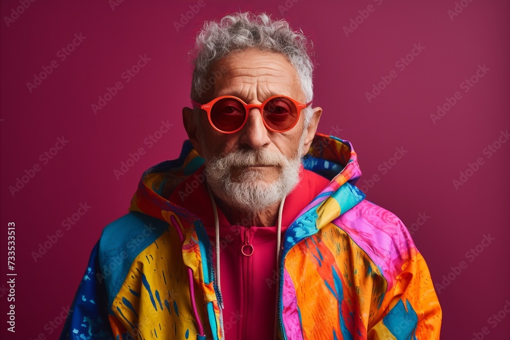 Portrait of an old man in a colorful jacket and sunglasses.