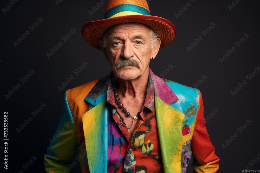 Portrait of an old man with a mustache and a colorful jacket.