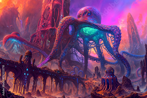 Giant alien octopus-like creature straddles a bridge, science fiction landscape, concept art photo