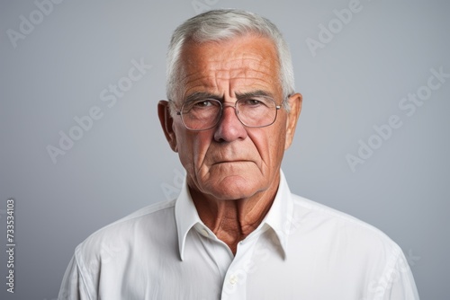 Portrait of a senior man with glasses. Isolated on grey background.