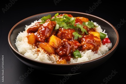 Chinese dish, pork in sweet sauce on dark background