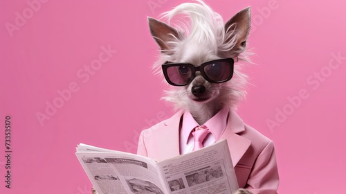 Chinese Crested dog in suit holding a newspaper on bright pastel background. advertisement. presentation. commercial. editorial. copy text space.