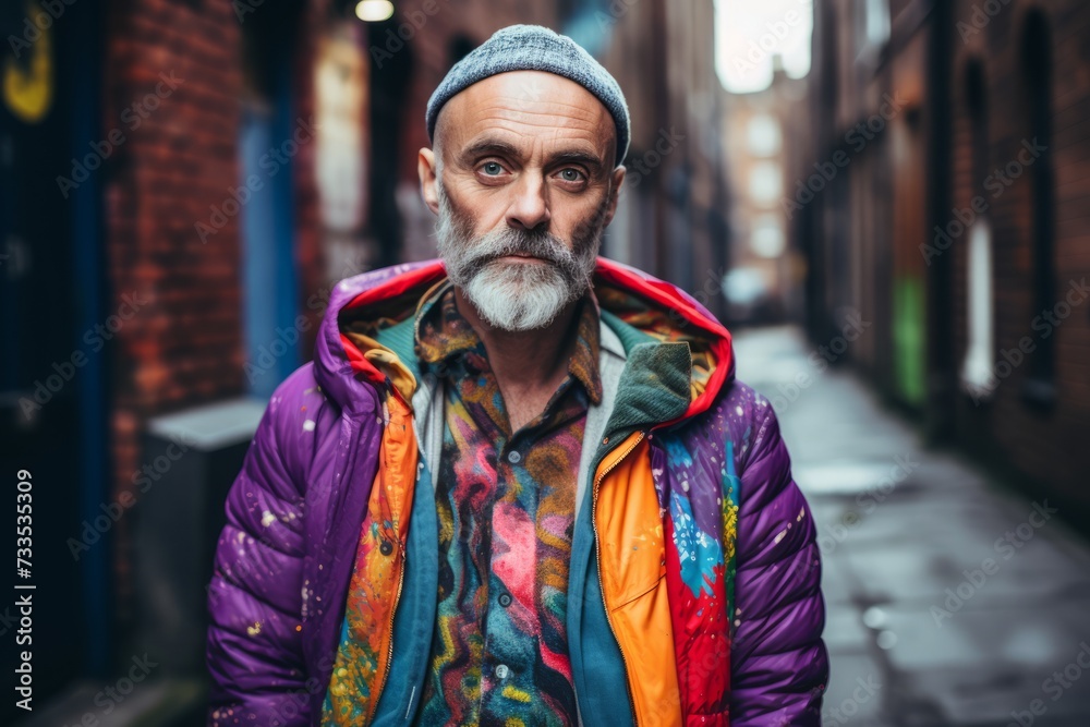 Portrait of an old man with a gray beard and mustache in a colorful jacket on a city street.