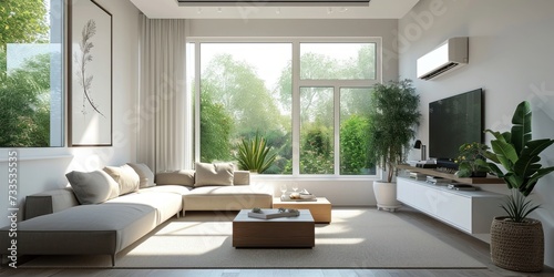 Contemporary  airy living room with AC  white walls. ai visualization  Generative AI 