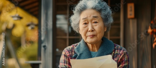 A senior female with 2 million yen in an envelope. photo