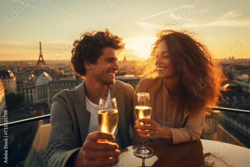 Couple toasting champagne at sunset with city view