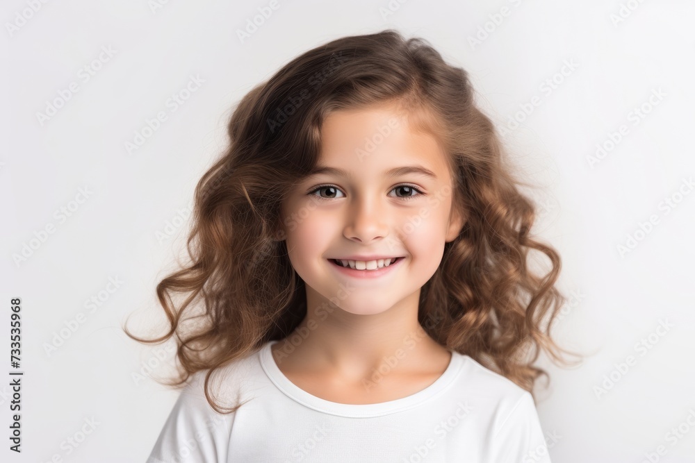 Portrait of a smiling little girl with long curly hair on white background Portrait of a smiling little girl with long curly hair on white background