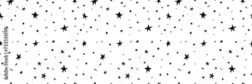Hand drawn simple sprinkle seamless pattern with black confetti and stars on white background. Vector Illustration for holiday, party, birthday, invitation.