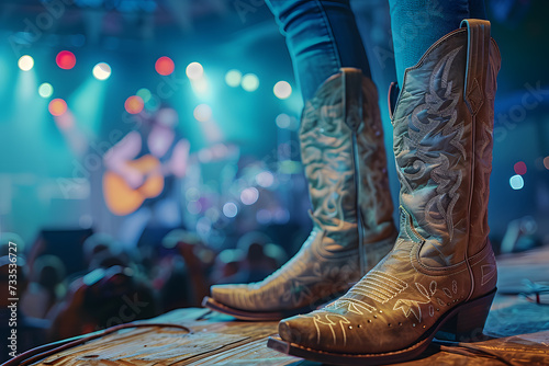 Cowboy Boots Overlooking Outdoor Music Festival. A pair of worn cowboy boots perched on a wooden ledge with a blurred music festival crowd in the background. generative ai photo