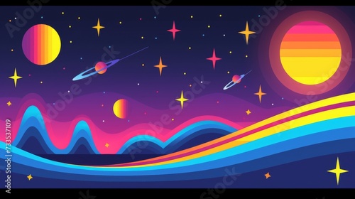 Colorful Retro Space Scene with Planets and Stars