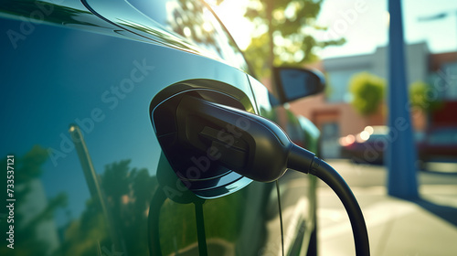 close up of a charger plugged into electric car charging port, modern EV charging technology, eco friendly green tech, sustainable EV charging business
