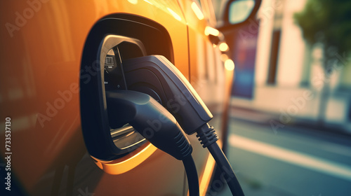 close up of a charger plugged into electric car charging port, modern EV charging technology, eco friendly green tech, sustainable EV charging business