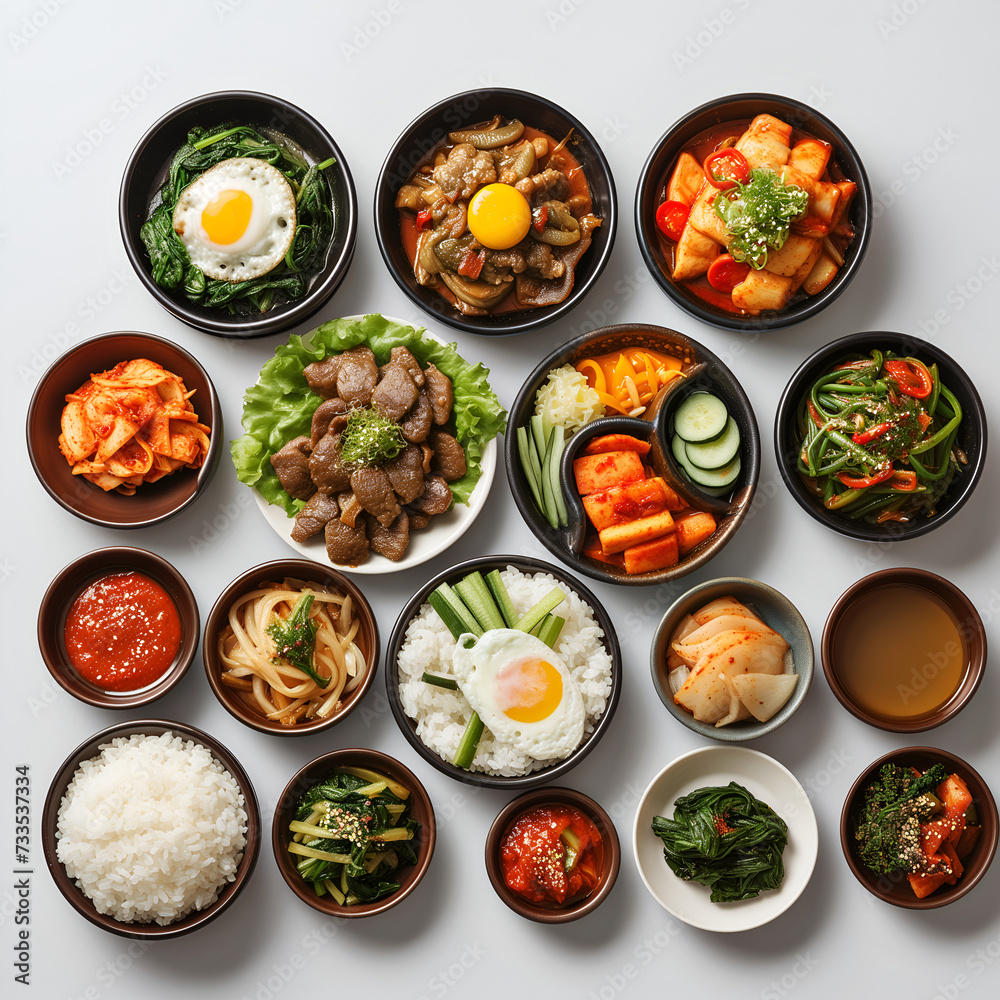 set of Korean food, Korean foods served on white background. set of Korean food, Korean foods served on white background.